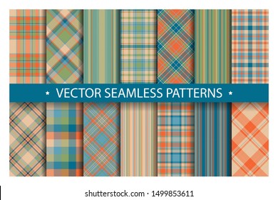 Set plaid pattern seamless. Tartan patterns fabric texture. Checkered geometric vector background. Scottish stripe blanket backdrop. Fashion cloth collection tile flat design textile.