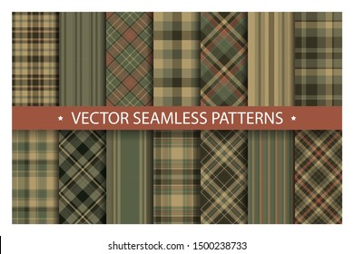 Set plaid pattern seamless. Tartan patterns fabric texture. Checkered geometric vector background. Scottish stripe blanket backdrop. Fashion cloth collection tile flat design textile.