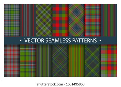 Set plaid pattern seamless. Tartan patterns fabric texture. Checkered geometric vector background. Scottish stripe blanket backdrop. Fashion cloth collection tile flat design textile.