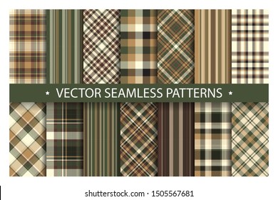 Set plaid pattern seamless. Tartan patterns fabric texture. Checkered geometric vector background. Scottish stripe blanket backdrop. Fashion cloth collection tile flat design textile.