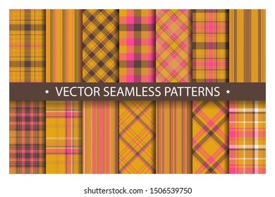 Set plaid pattern seamless. Tartan patterns fabric texture. Checkered geometric vector background. Scottish stripe blanket backdrop. Fashion cloth collection tile flat design textile.