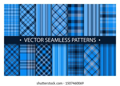 Set plaid pattern seamless. Tartan patterns fabric texture. Checkered geometric vector background. Scottish stripe blanket backdrop. Fashion cloth collection tile flat design textile.