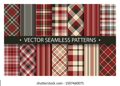 Set plaid pattern seamless. Tartan patterns fabric texture. Checkered geometric vector background. Scottish stripe blanket backdrop. Fashion cloth collection tile flat design textile.