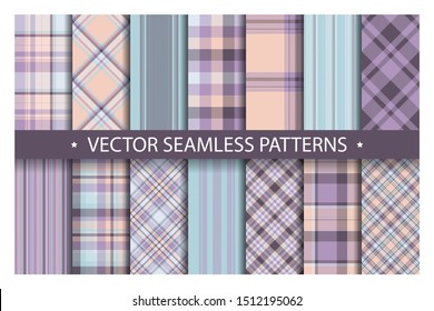 Set plaid pattern seamless. Tartan patterns fabric texture. Checkered geometric vector background. Scottish stripe blanket backdrop. Fashion cloth collection tile flat design textile.