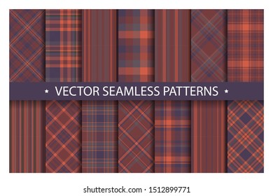 Set plaid pattern seamless. Tartan patterns fabric texture. Checkered geometric vector background. Scottish stripe blanket backdrop. Fashion cloth collection tile flat design textile.