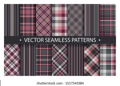 Set plaid pattern seamless. Tartan patterns fabric texture. Checkered geometric vector background. Scottish stripe blanket backdrop. Fashion cloth collection tile flat design textile.