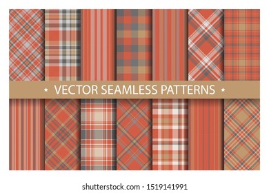 Set plaid pattern seamless. Tartan patterns fabric texture. Checkered geometric vector background. Scottish stripe blanket backdrop. Fashion cloth collection tile flat design textile.