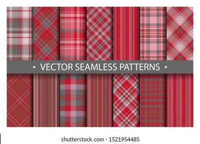 Set plaid pattern seamless. Tartan patterns fabric texture. Checkered geometric vector background. Scottish stripe blanket backdrop. Fashion cloth collection tile flat design textile.