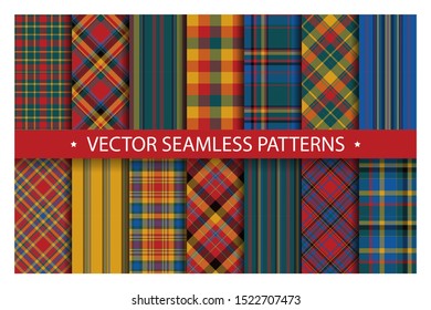 Set plaid pattern seamless. Tartan patterns fabric texture. Checkered geometric vector background. Scottish stripe blanket backdrop. Fashion cloth collection tile flat design textile.