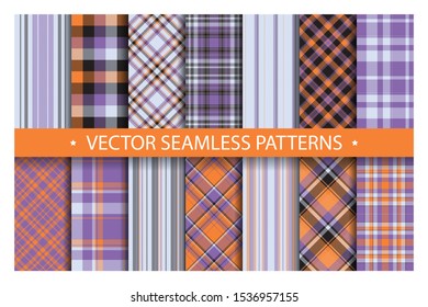 Set plaid pattern seamless. Tartan patterns fabric texture. Checkered geometric vector background. Scottish stripe blanket backdrop. Fashion cloth collection tile flat design textile.