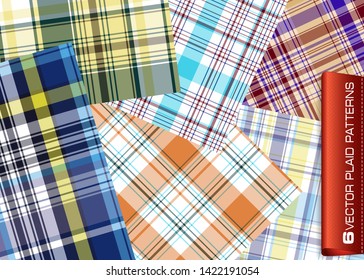 Set of plaid patterns for print (textile, wrapping, wallpaper). Symmetric and asymmetric geometric background. EPS10 vector