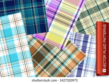 Set of plaid patterns for print (textile, wrapping, wallpaper). Symmetric and asymmetric geometric background. EPS10 vector