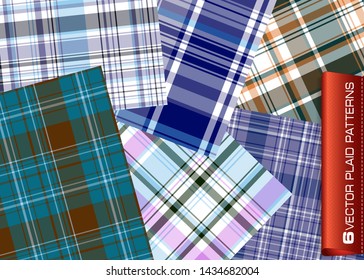 Set of plaid patterns for print (textile, wrapping, wallpaper). Symmetric and asymmetric geometric background. EPS10 vector