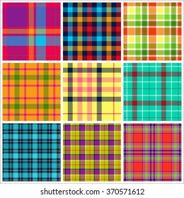 Set of plaid seamless patterns. Bright colors. Vector illustration