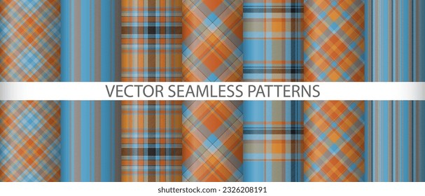 Set plaid vector check. Textile fabric seamless. Background texture tartan pattern collection.