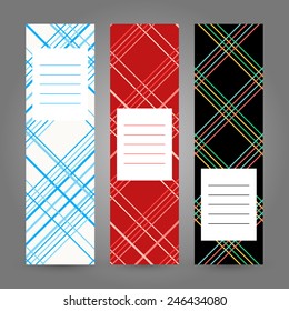 Set of Plaid Vertical Banners. Abstract Geometric ornaments. Vector Illustration for print, flyer or leaflet. Simple design for invitation, postcard or poster.