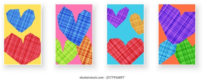 A set of plaid-patterned origami hearts displayed on bright, vibrant backgrounds. Vector illustration for creative designs.