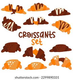 A set of plain and chocolate croissants with dots and lines in different turns. A collection of croissants and decor. Colored croissants decorated with dots and stripes on a white background