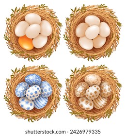 Conjunto de colores o lisos y decorado con varios patrones de huevos de Pascua en el nido. Vista superior, elementos de diseño para composiciones planas. Aislado sobre fondo blanco. Ilustración de vector