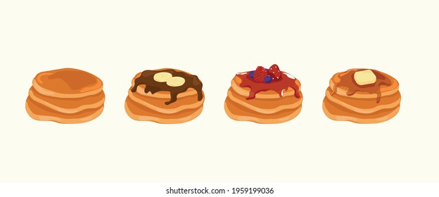 Set of plain pancakes and toppings on pancake.