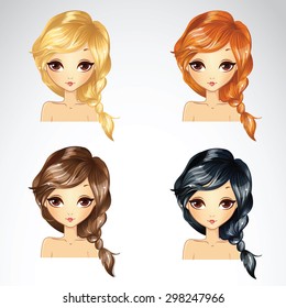 Set of plait hair styling in different colours for woman 