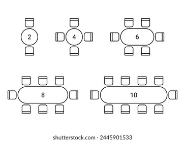 Set of plan for arranging place seats for guest in interior, layout graphic outline elements. Chairs and tables icons in scheme architectural plan. Office and home furniture, top view. Vector line