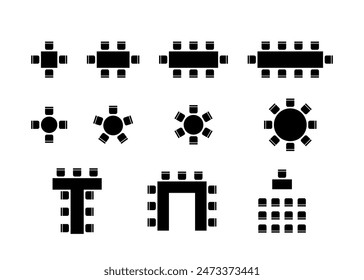 Set of plan for arranging place seats for guest in interior, layout graphic black elements. Chairs and tables icons in scheme architectural plan. Office and home furniture, top view. Vector