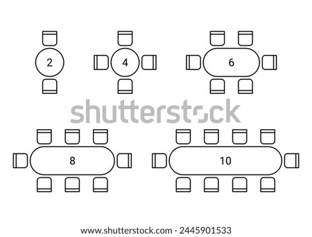 Set of plan for arranging place seats for guest in interior, layout graphic outline elements. Chairs and tables icons in scheme architectural plan. Office and home furniture, top view. Vector line
