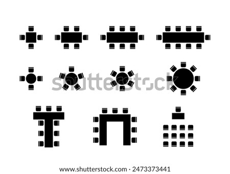 Set of plan for arranging place seats for guest in interior, layout graphic black elements. Chairs and tables icons in scheme architectural plan. Office and home furniture, top view. Vector