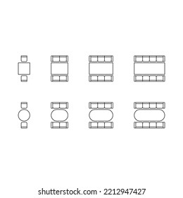 Set of plan for arranging seats chair, sofa and tables in interior, layout graphic outline elements. Chairs and tables icons, scheme architectural plan. Office home furniture, top view. Vector line