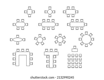 Set of plan for arranging seats in interior, layout graphic outline elements. Chairs and tables icons in scheme architectural plan. Office and home furniture, top view. Vector line illustration - Shutterstock ID 2132990245