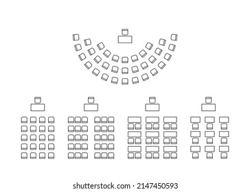 Set of plan for arranging seats semicircle and rows in interior, , layout outline. Place spectators, classroom, map seats amphitheater. Scheme chairs and tables furniture top view. Vector line