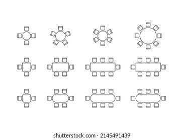 Set of plan for arranging seats and tables in interior, layout graphic outline elements. Chairs and tables icons in scheme architectural plan. Office and home furniture, top view. Vector line