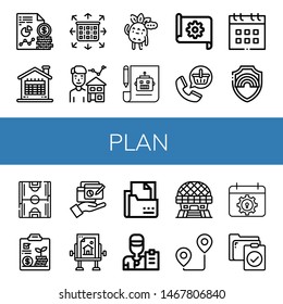 Set of plan icons such as Analytics, Calendar, Planning, Estate agent, Thinking, Plan, Blueprint, Order, Pride, Soccer field, Report, Drawing table, Curriculum, Coach, Modern architecture , plan