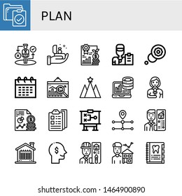 Set of plan icons such as Clipboard, Strategy, Proposal, Analytics, Coach, Thought, Calendar, Reporter, Route, Real estate, Thinking, Architect, Estate agent, Agenda , plan
