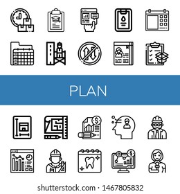 Set of plan icons such as Schedule, Calendar, Clipboard, Supervisor, Report, Priority, Curriculum, Planner, Blueprint, Analytics, Architect, Appointment, Thinking, Foreman , plan