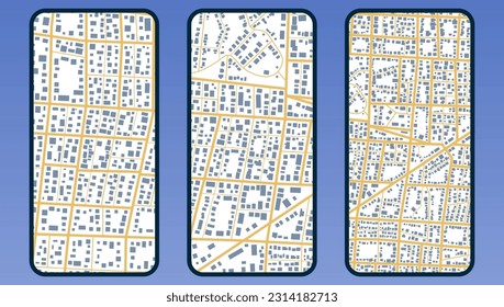 Conjunto de planos con carreteras y edificios. Mapas abstractos de la ciudad, fondo. Vista superior, vista desde arriba. Plan de distrito ficticio. Edificios residenciales de barrio. Vector, ilustración aislada en blanco.