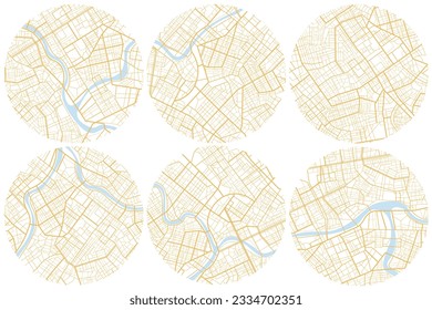 Conjunto de planos con carreteras y edificios. Mapas abstractos de la ciudad, fondo. Vista superior, vista desde arriba. Plan de distrito ficticio. Edificios residenciales de barrio. Vector, ilustración aislada en blanco.