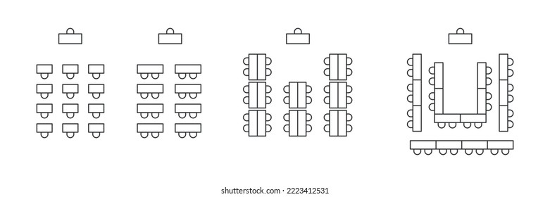 Conjunto de asientos en el salón de clases o la vista superior de la universidad. Iconos de línea de sillas y tablas. Esquema, plano, plan arquitectónico. Ilustración del vector sobre fondo blanco