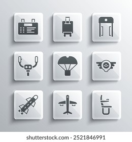 Set Plane, Airplane seat, Aviation emblem, Box flying parachute, Rocket, Aircraft steering helm, Airport board and Metal detector airport icon. Vector
