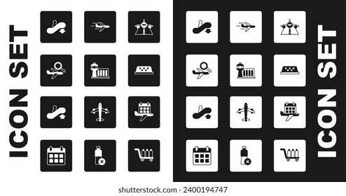 Set Plane, Airport control tower, Airplane search, Escalator down, Taxi car roof, Calendar and airplane and up icon. Vector