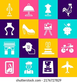 Set Plane, Bicycle, Grape fruit, Mannequin, Woman shoe, Frog legs, Street light and Easel or painting art boards icon. Vector