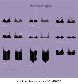 Set of plane black simple women`s underwear in front and back views. Vector illustration.