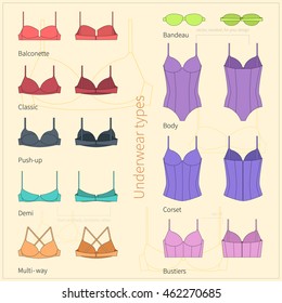 Set of plane bright simple women`s underwear in front and back views. Vector illustration.