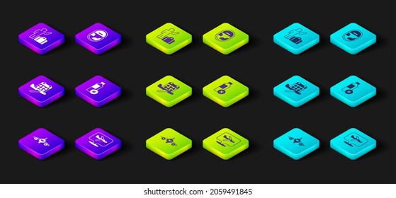 Set Plane, Calendar and airplane, No water bottle, Airplane window and Tourist with suitcase icon. Vector