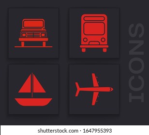 Set Plane, Car, Bus and Yacht sailboat or sailing ship icon. Vector