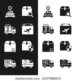Set Plano y caja de cartón, Camión de reparto con regalo, Escala, Paquete de búsqueda, Tráfico de cartón, escudo de seguridad, cronómetro e icono de servicio de entrega gratuito. Vector
