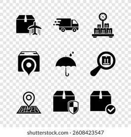 Set Plane and cardboard box, Delivery truck in movement, Scale with, Placeholder on map, security shield, Package check mark, Location and Umbrella rain drops icon. Vector