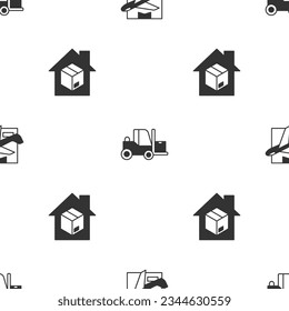 Set Plane and cardboard box, Forklift truck and Home delivery services on seamless pattern. Vector