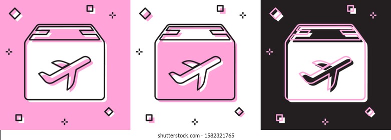 Set Plane and cardboard box icon isolated on pink and white, black background. Delivery, transportation. Cargo delivery by air. Airplane with parcels, boxes.  Vector Illustration